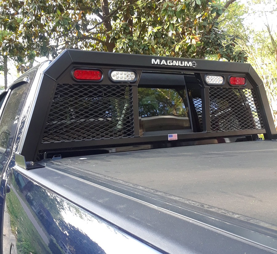 truck rack with metal mesh in matte black - red and white lights with magnum logo - pickup truck