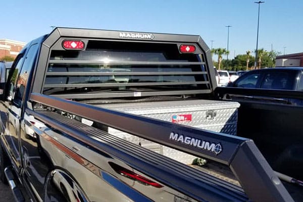 Ford F250 with Magnum Sport headache rack and bed rails, with a cross body toolbox installed