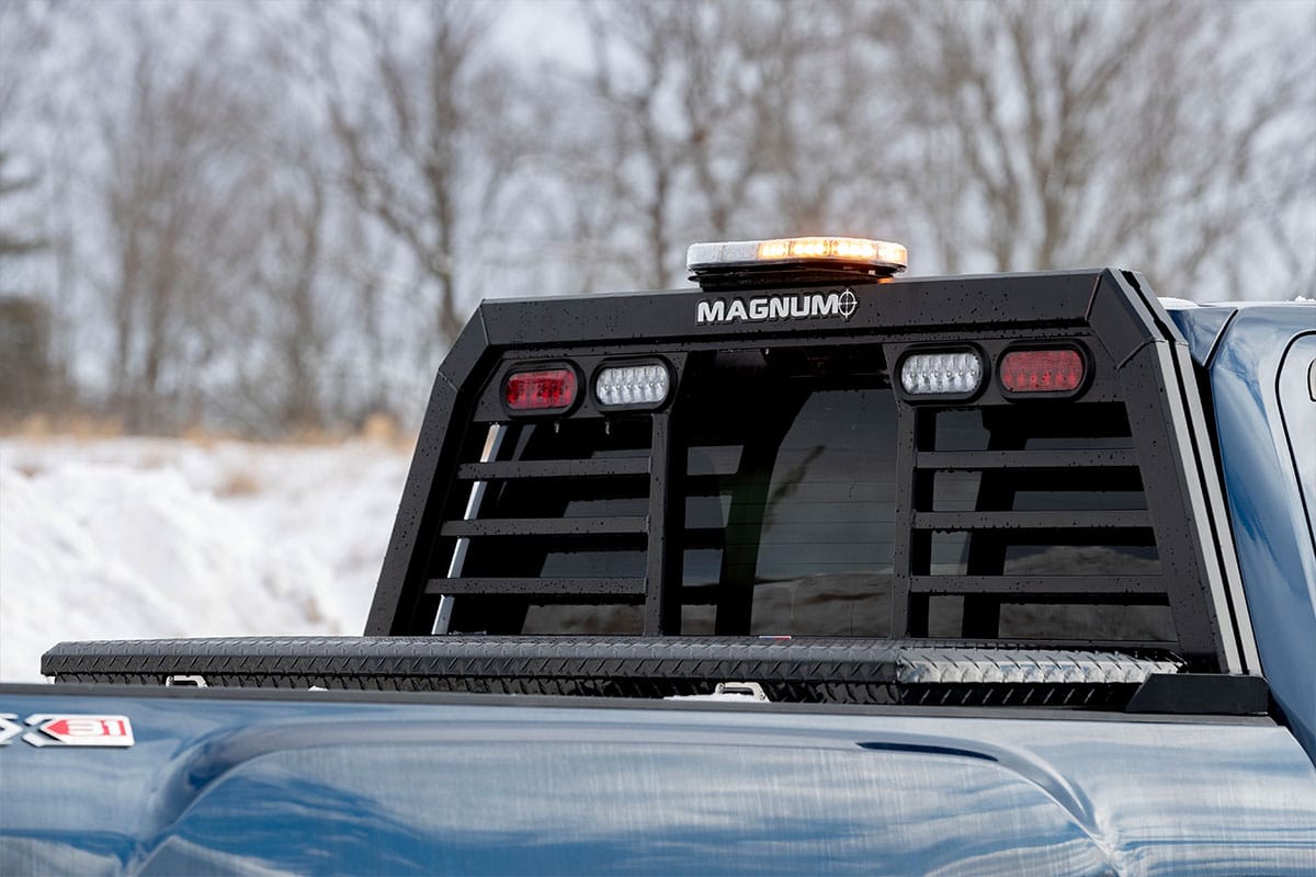 Magnum headache rack and light installed on a pickup truck.