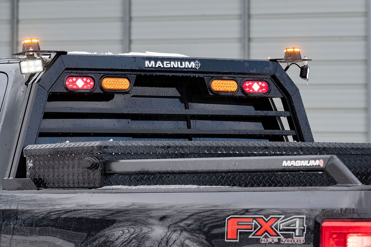 Magnum truck rack, lights and rails installed on a pickup ready for snow plowing