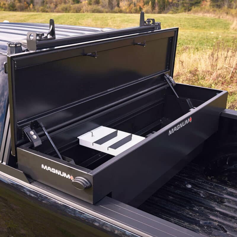 open lid on magnum truck bed toolbox, showing inner white tool tray