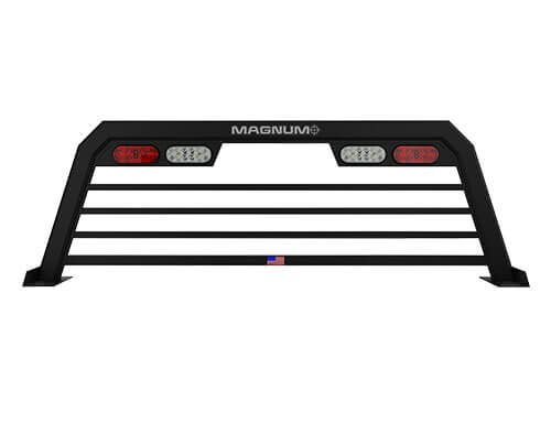 black headache rack by magnum showing high pro model in matte black with magnum logo and american flag sticker - has 2 pairs of lights