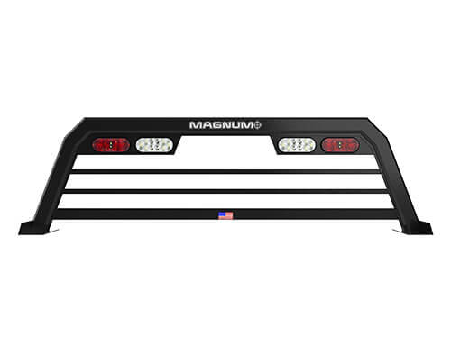 black headache rack by magnum showing low pro model in matte black with magnum logo and american flag sticker - has 2 pairs of lights