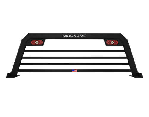 black headache rack by magnum showing sport model in matte black with magnum logo and american flag sticker - has a red and white integrated tail stop turn light on each side
