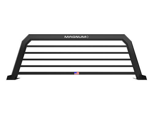 black headache rack by magnum showing standard model in matte black and bars-rails style with magnum logo and american flag sticker - this model does not have lights